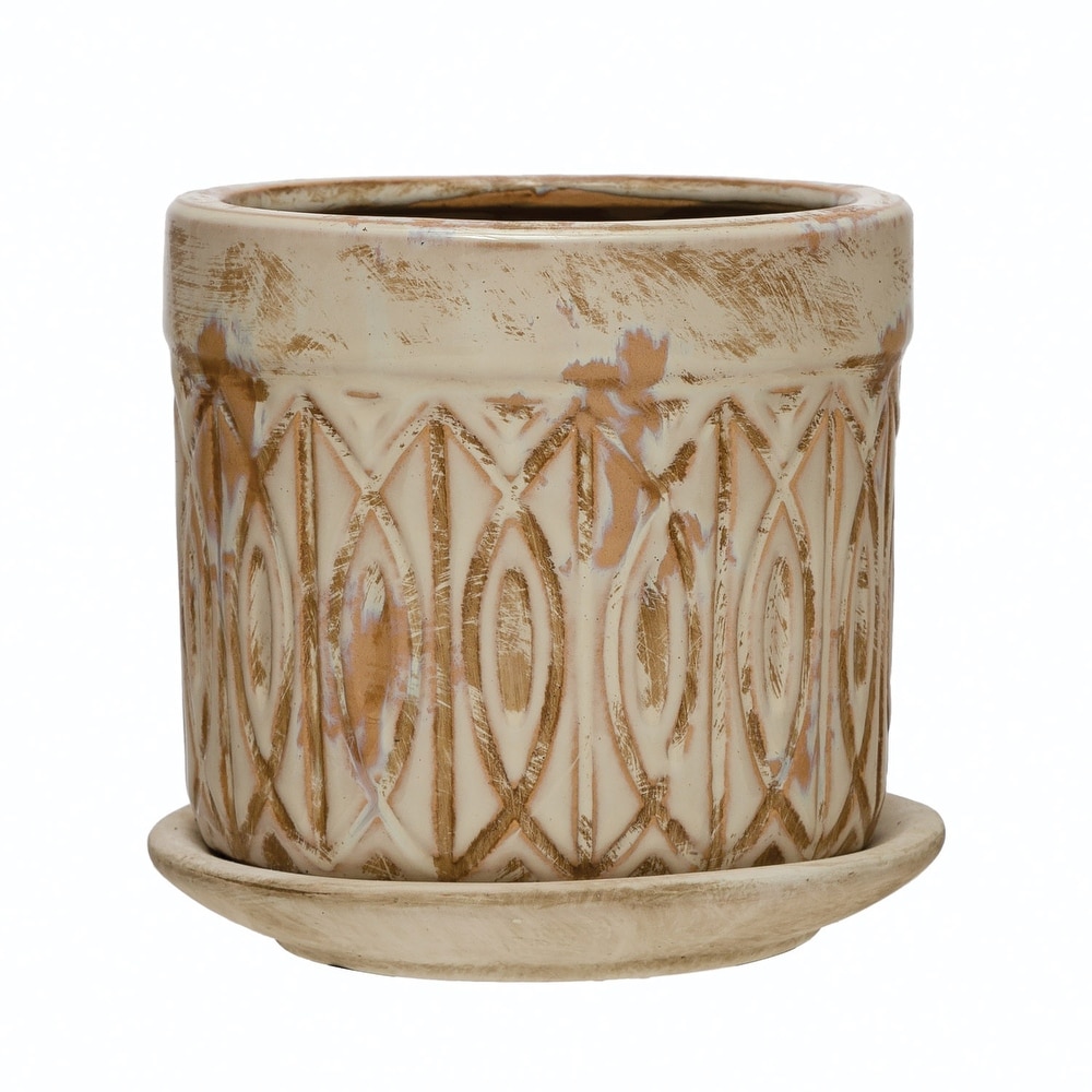 Debossed Terra cotta Planter with Patterns  Saucer  and Distressed Finish