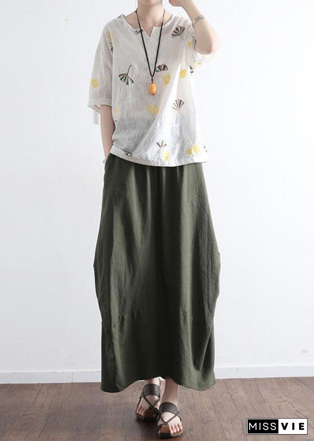 Tea green simple pockets linen skirts long maxi skirt