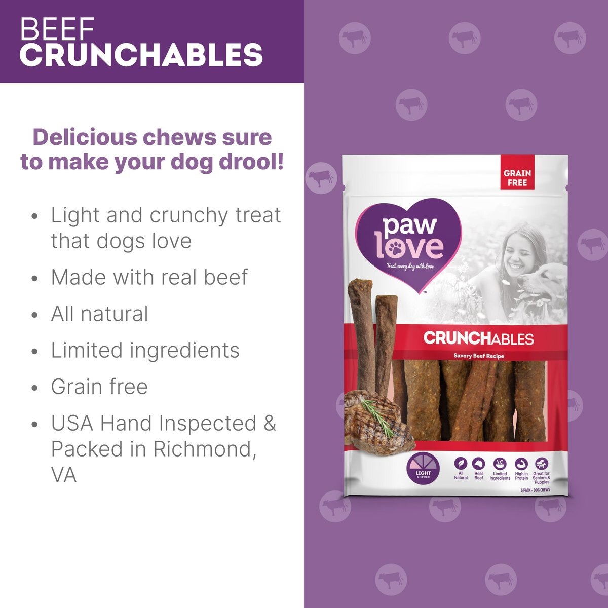 PawLove 5-in Beef Crunchables Dog Treat， 6 count