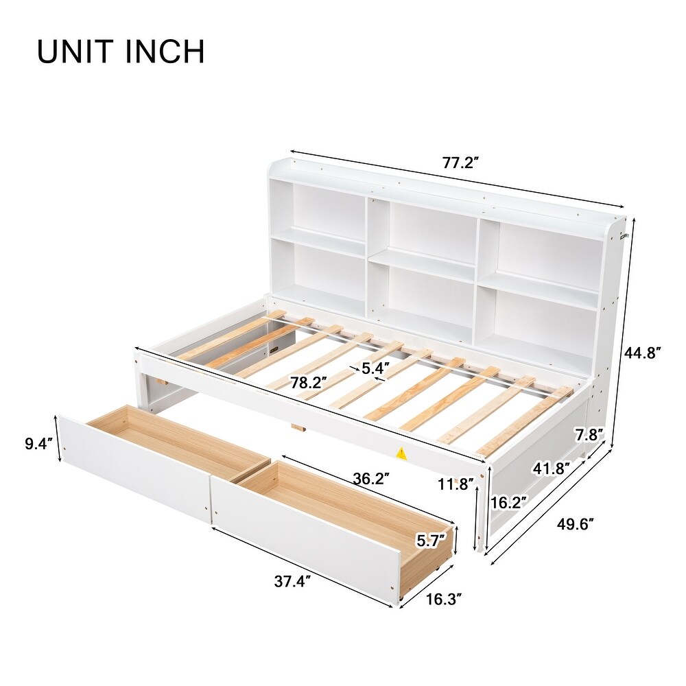 Twin Size Storage Daybed Wood Platform Bed with Side Bookcase and 2 Drawers  White