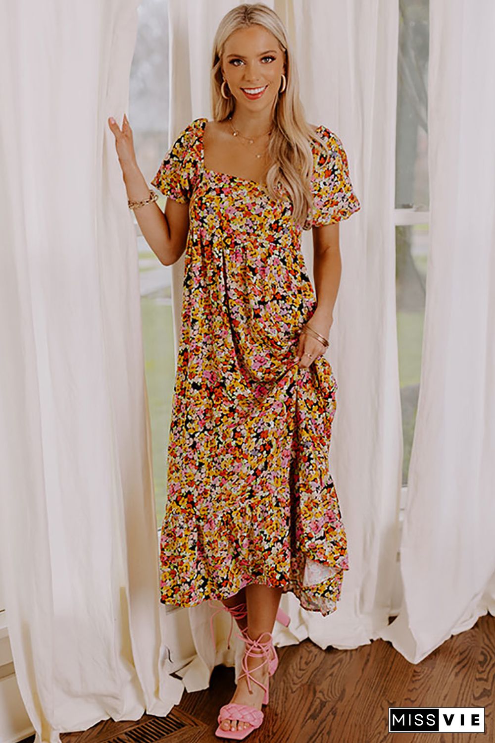 Yellow Puff Sleeve Square Neck Open Back Floral Midi Dress