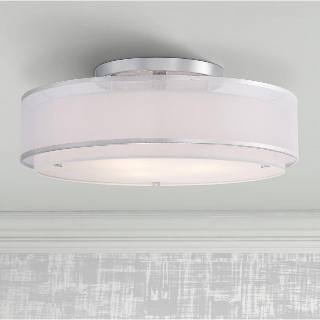 Wide Chrome 3 light Sheer Outer Off White Inner Drum Shade For Bedroom House