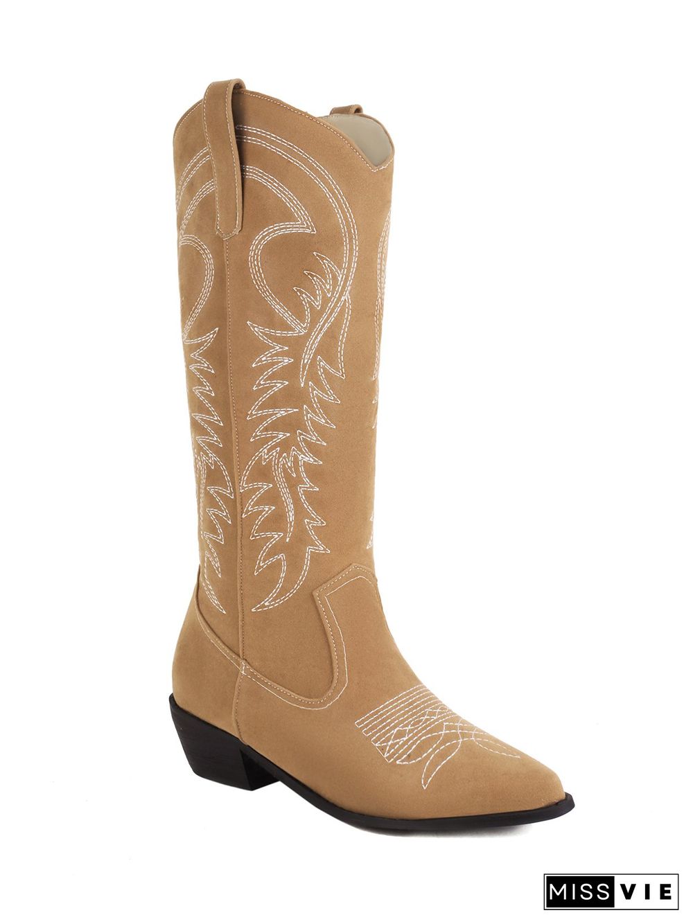 Embroidered Panel Plush Warm Pointed-Toe Cowboy Boots