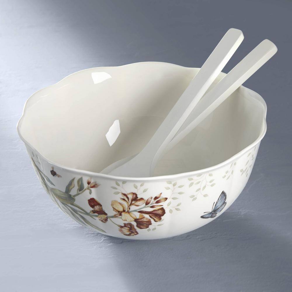 Lenox Butterfly Meadow 11 in. Dia 72 oz. Multi Color 3-Piece Porcelain Salad Bowl Set with Wood Servers 820581