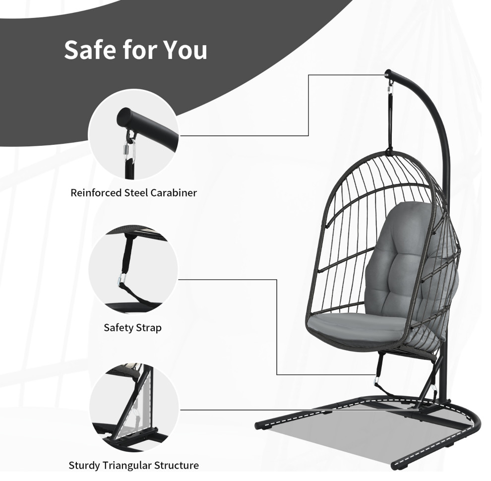 Costway Hanging Wicker Egg Chair w/ Stand Cushion Foldable Outdoor Indoor   Contemporary   Hanging Chairs   by Costway INC.  Houzz