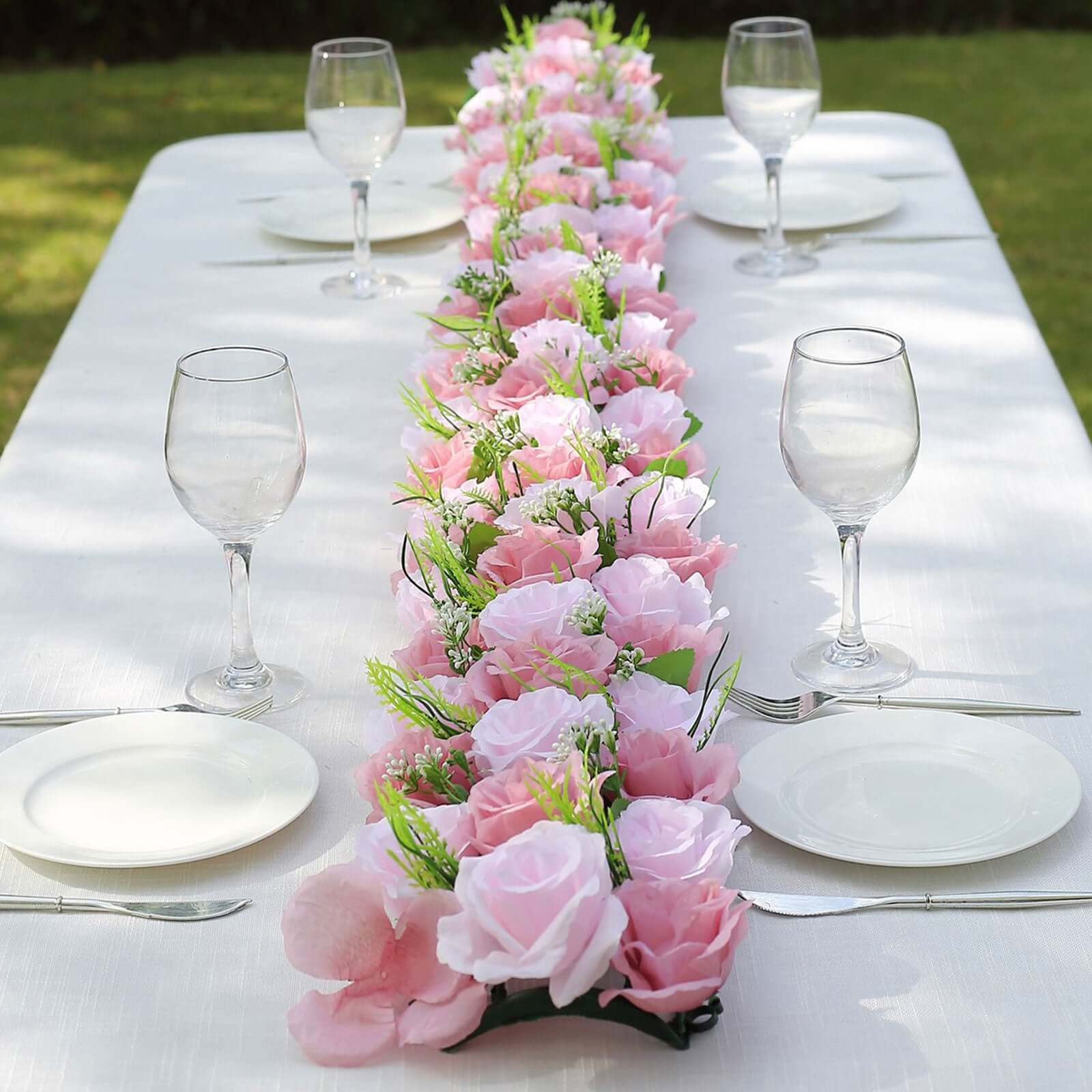 6 Pack Blush Dusty Rose Silk Flower Panel Table Runner, Artificial Floral Arrangements Dining Table Decor - 20