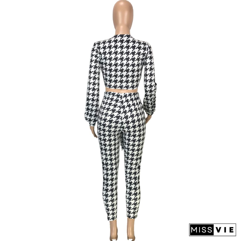 Houndstooth Print Bandage Crop Top Pants Set