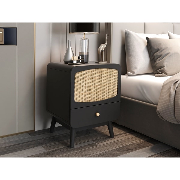 Black Nightstand， Bedside Table with Storage Drawe Rattan Door