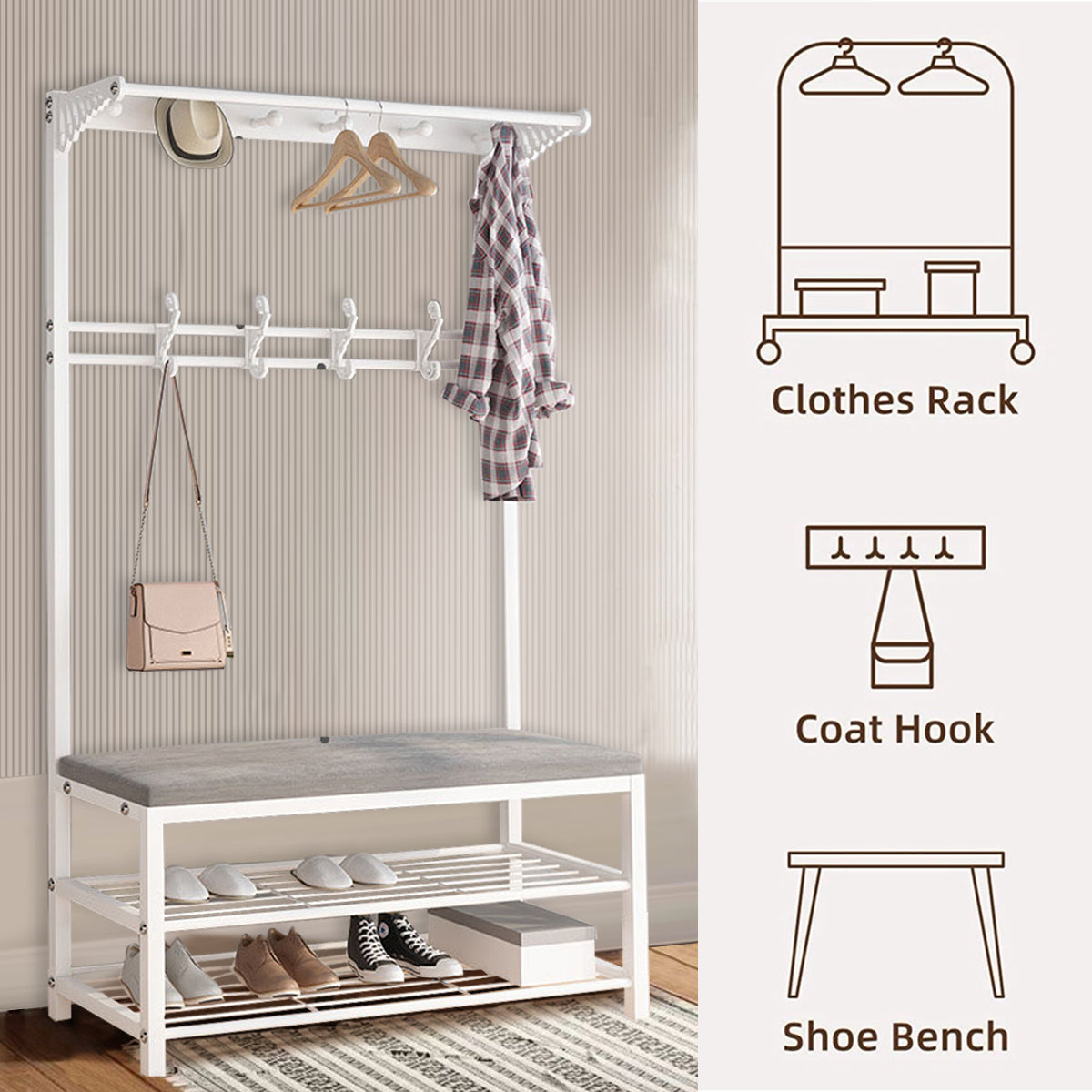 Entryway Coat Rack with Shoe Storage Bench Metal Hall Tree with 2 Shoe Shelves Hall Tree with Clothes Hooks，White