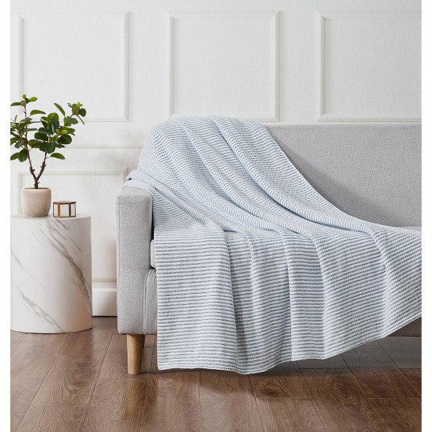 Striped Chenille Throw Blanket White blue Brooklyn Loom