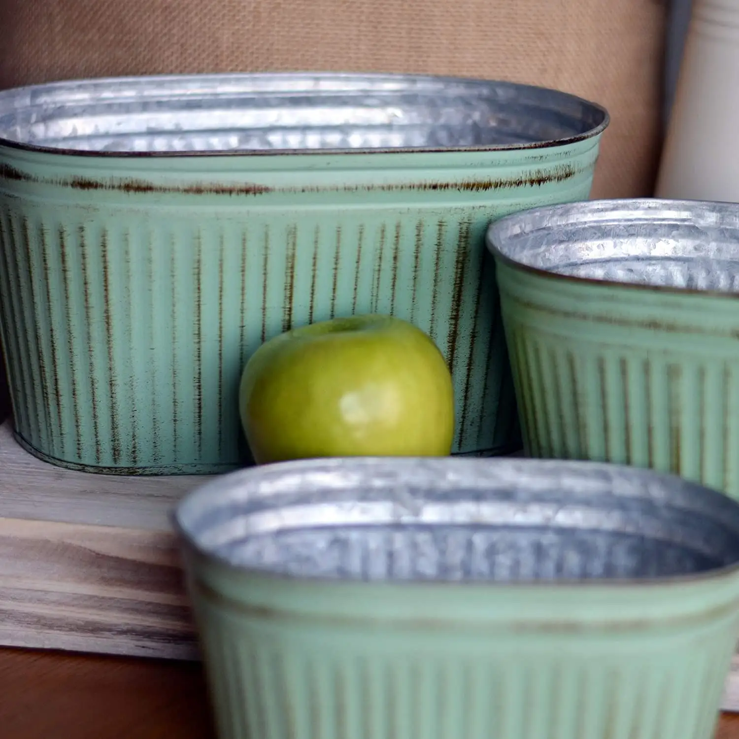 French Country Style Rectangular Oval Flowerpot Old Chic Light Green Russet Galvanized Corrugated Details