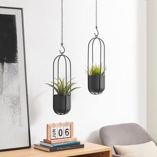 DANYA B Walter 2-Piece Modern Black Metal Oval Hanging Planter Set with Chain Hanging Option SE24396