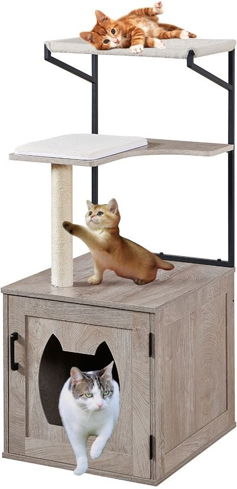 Unipaws Wooden Cat Litter Box Enclosure with Cat Tree and Hammock， Weathered Grey