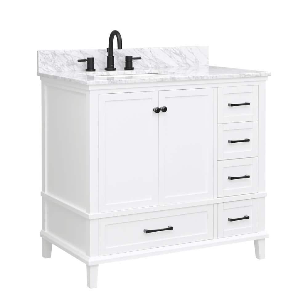 Home Decorators Collection Merryfield 37 in W x 22 in D x 35 in H Bathroom Vanity in White with Carrara White Marble Top