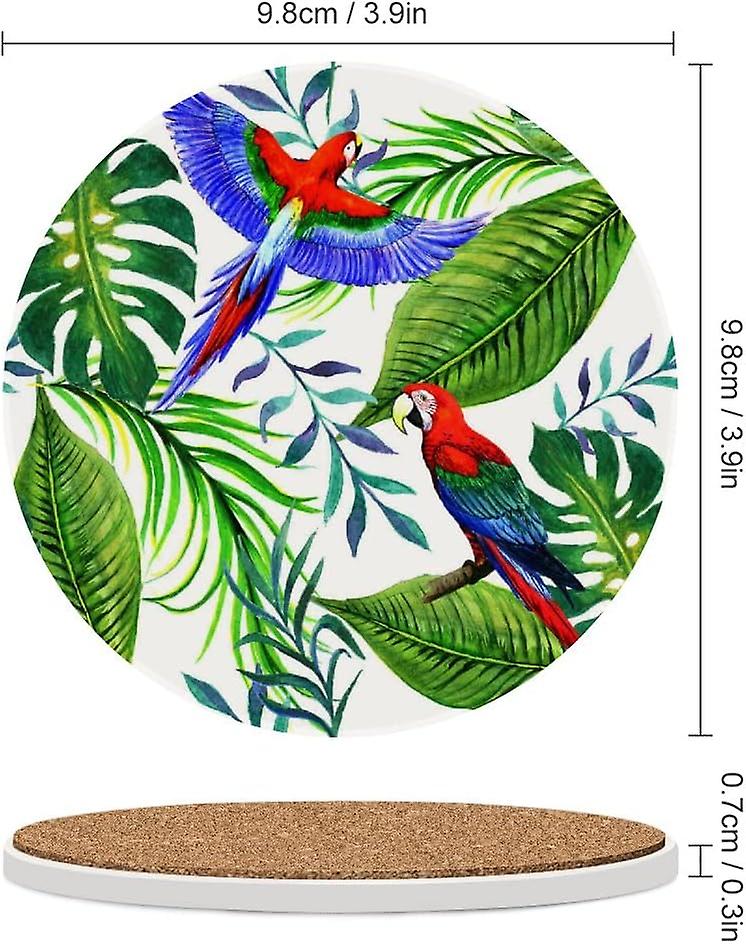 6pcs Round Tropical Leaves And Birds Ceramic Coasters With Cork-backed For Coffee Drink Cup Mat Absorbent Stone Coasters