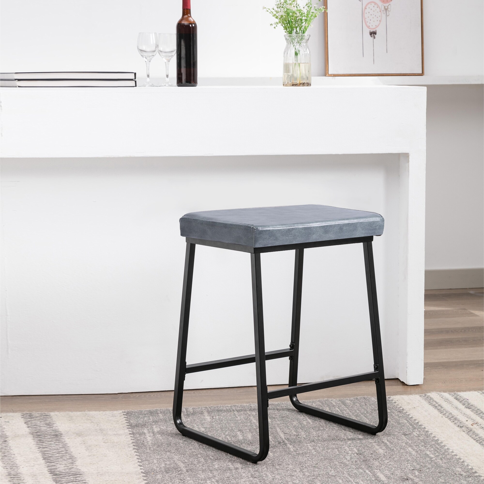 Porthos Home Setia Counter Stools Set of 2， PU Leather， Iron Legs