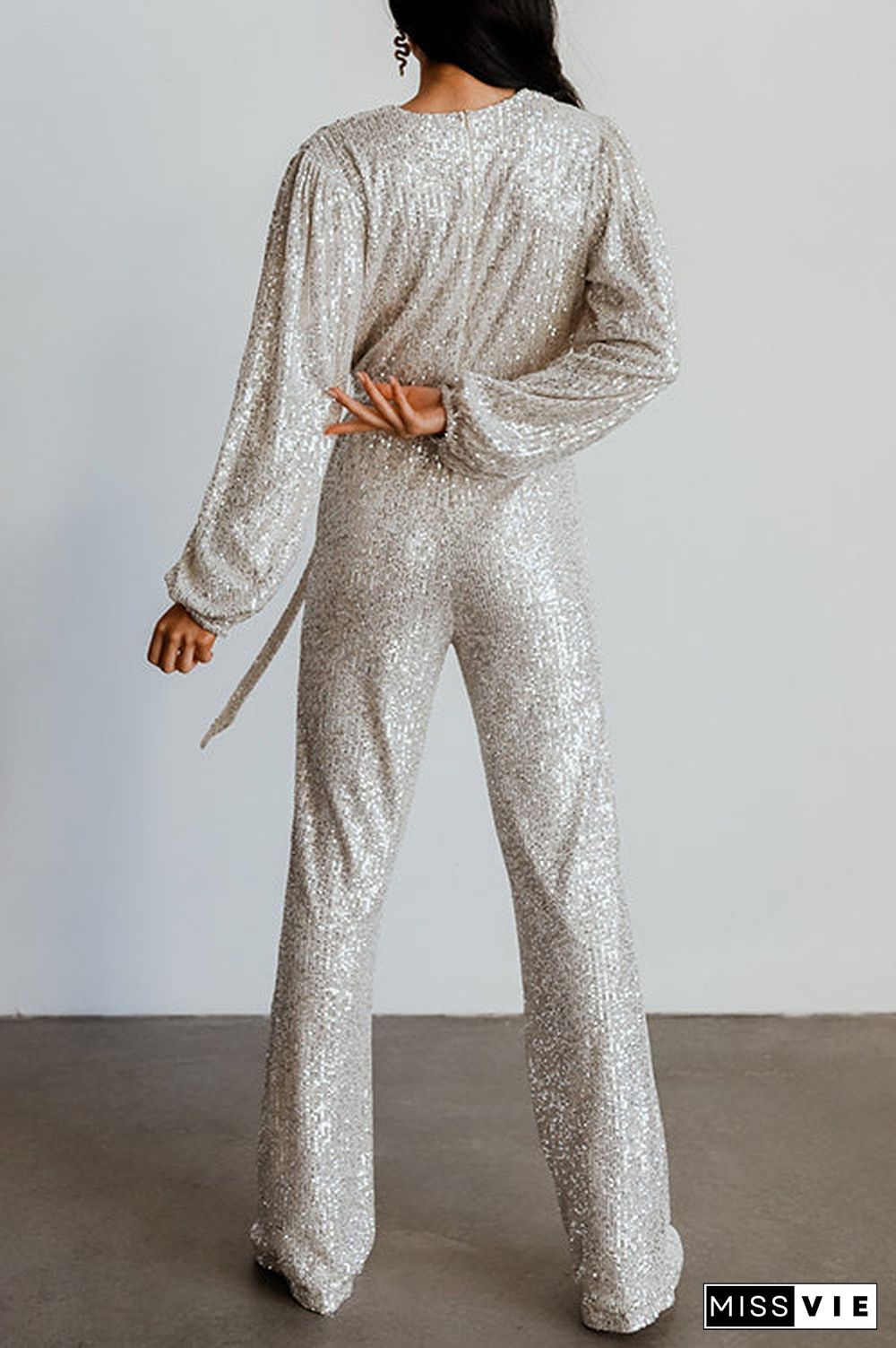 Sequin Draped Belted Puff Sleeve Wide Leg Jumpsuit