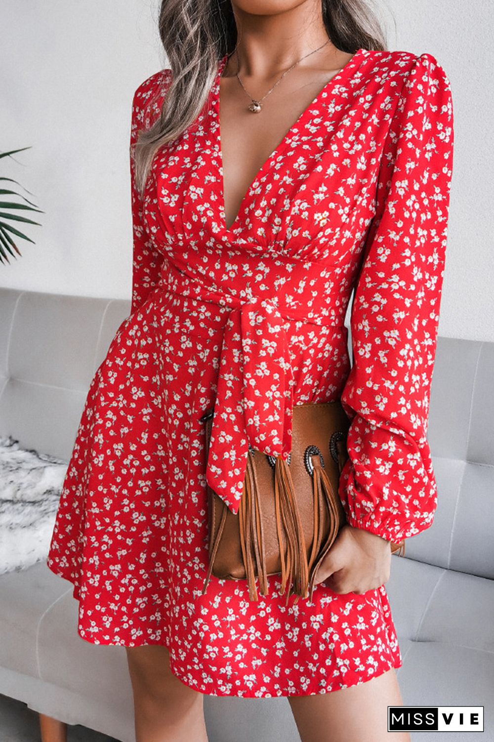 V Neck High Waist Floral Dress With Sash