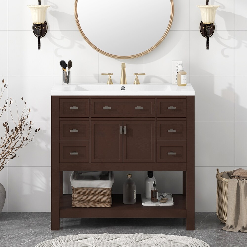 36'' Bathroom Vanity with Top Sink  Modern Bathroom Storage Cabinet with 2 Doors and 6 Drawers  Single Sink Bathroom Vanity