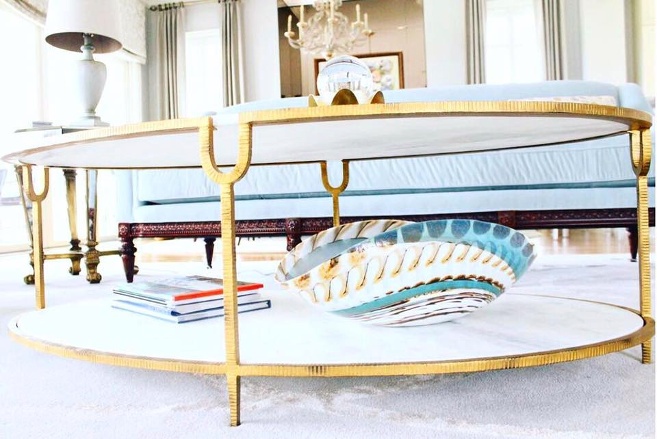 Hammered Gold Iron Marble Classic Oval Coffee Table  Shelves Stone White Luxe   Transitional   Coffee Tables   by My Swanky Home  Houzz