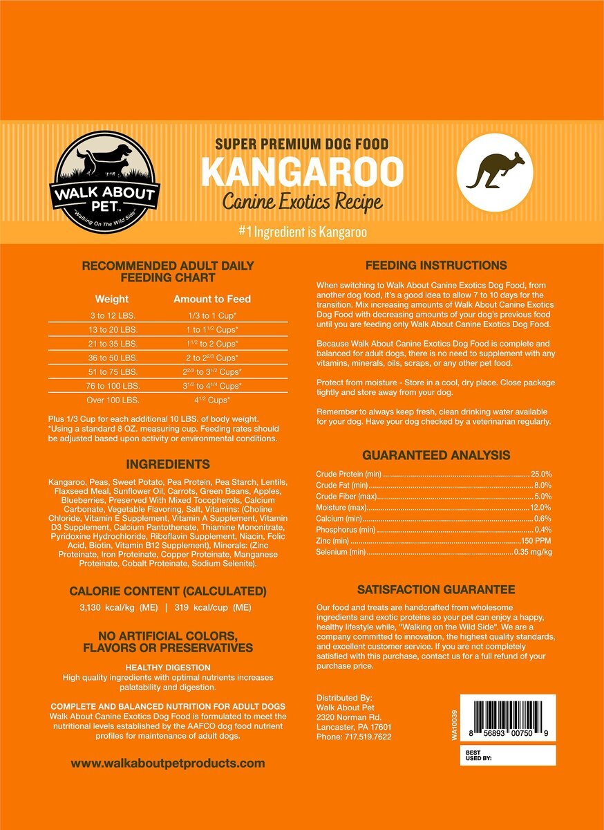 Walk About Kangaroo Canine Exotics Recipe Super Premium Dry Dog Food， 10-lbs bag