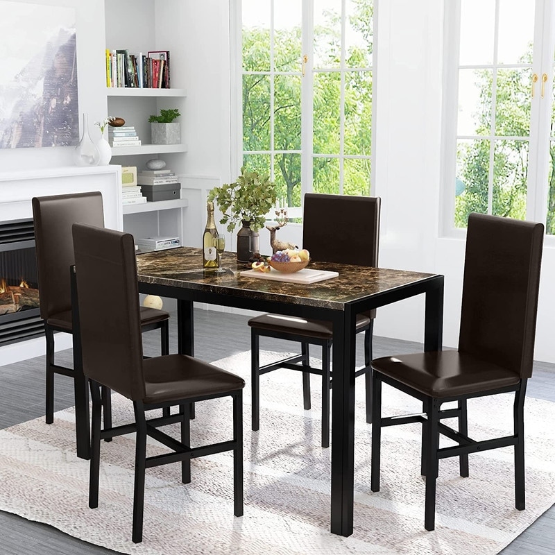 Modern Faux Marble 5 Pieces Kitchen Dining Set with 4 Cushion PU Leather Chairs