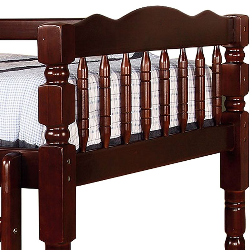 Traditional Bunk Bed with Attached Ladder and Turned Legs， Dark Brown