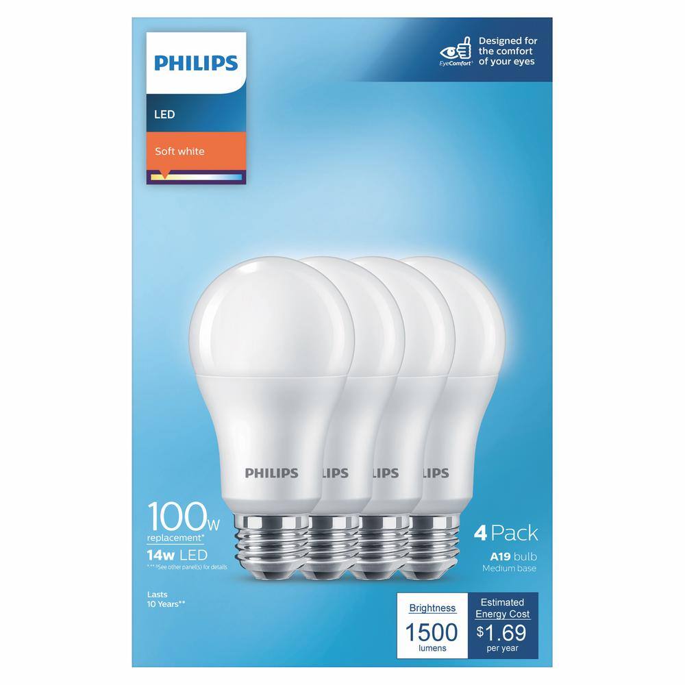 Philips 100-Watt Equivalent A19 Non-Dimmable E26 LED Light Bulb Soft White 2700K (4-Pack) 565408