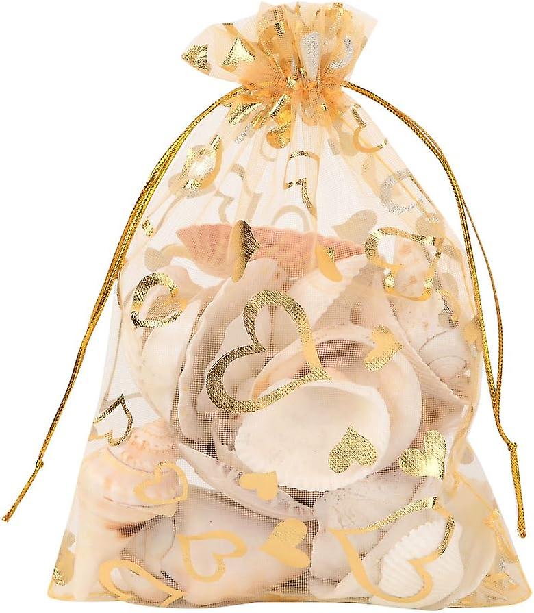 100 Pcs 2.7x3.5 Inches Heart Printed Goldenrod Organza Bags Wedding Favors Bag Jewelry Pouch Bags Organza Drawstring Pouches Candy Gift Bags