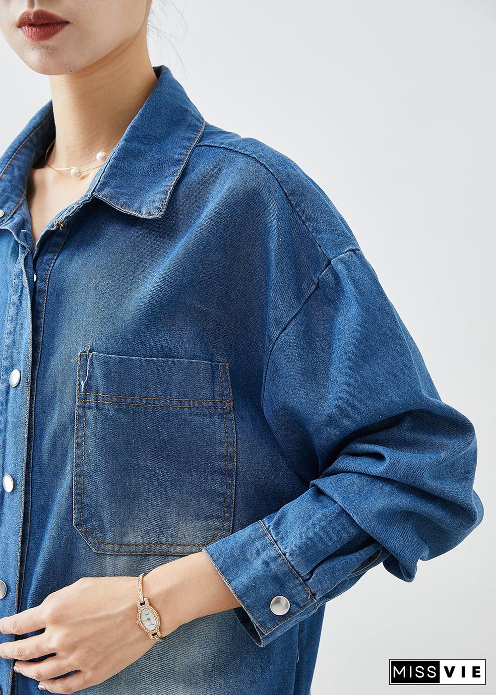 Fashion Blue Button Down Side Open Denim Trench Coats Fall