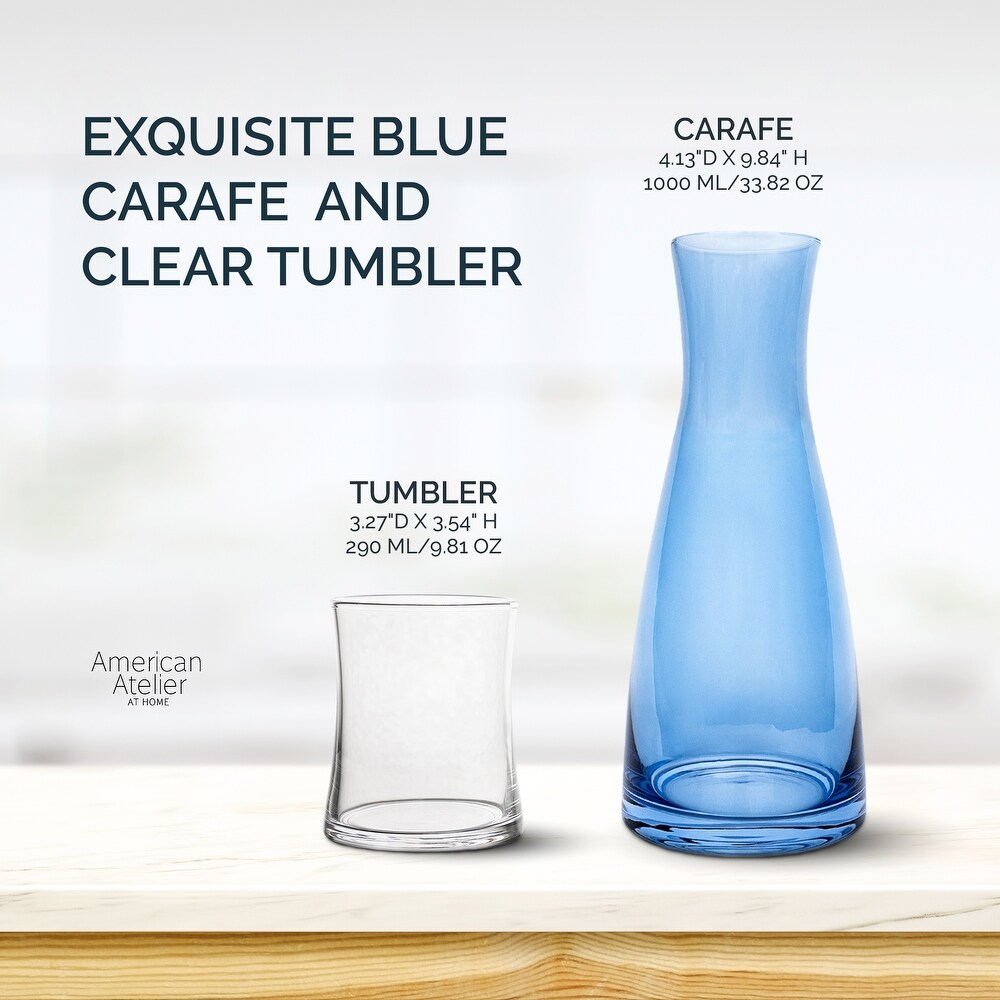 American Atelier Bedside Blue Water Carafe with Clear Tumbler   33 Ounce Pitcher