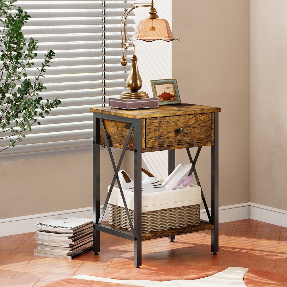 Futzca Nightstand with Wooden Drawer and Storage Shelf for Small Spaces  Rustic Brown