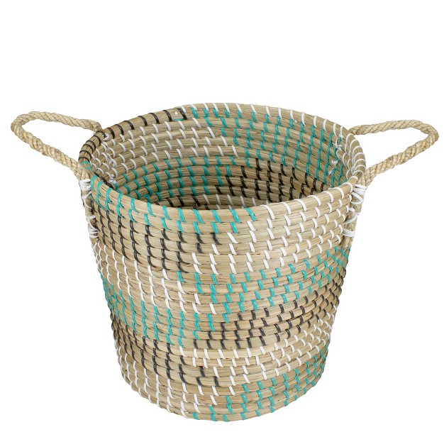 Natural Woven Seagrass Basket With Teal Black And White Accents