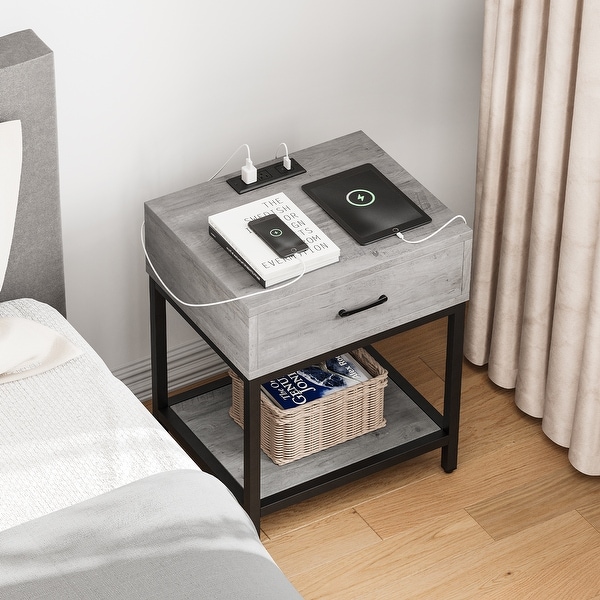 Nightstand-Bedside Table with Charging Station Type-CandUSB Ports， Modern End Table