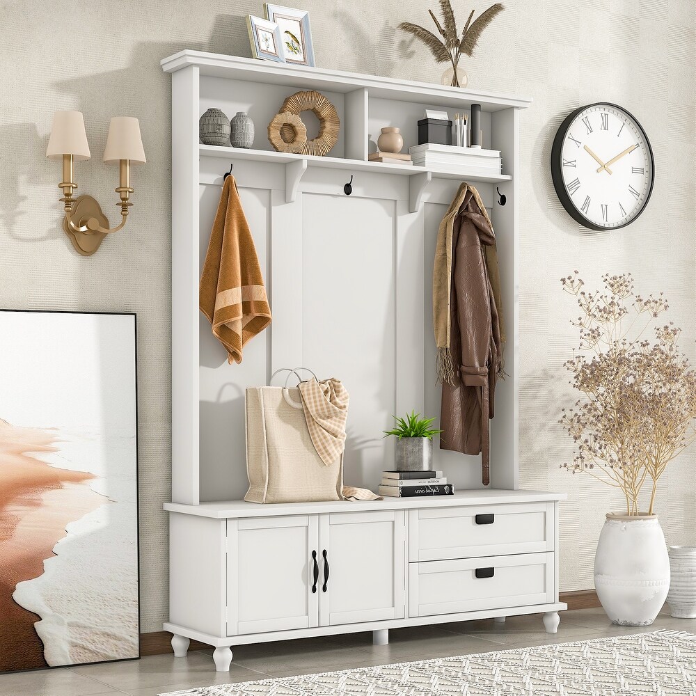 Modern Hall Tree with Storage Cabinet and 2 Large Drawers  Mudroom Bench with Storage Shelf and 5 Coat Hooks