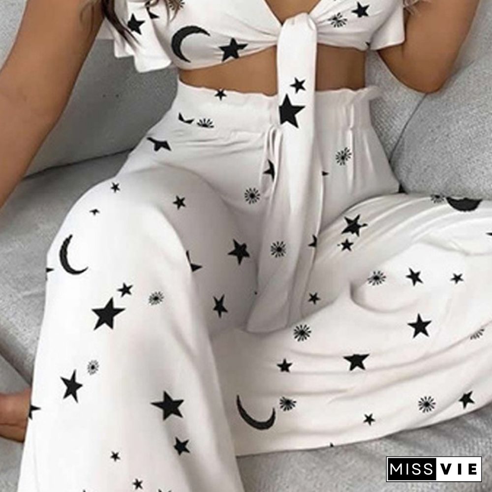 Women Summer Print Crop Top Sleeveless Wide Leg Pants Suit Two Piece Set High Waist Outfit Casual Beach