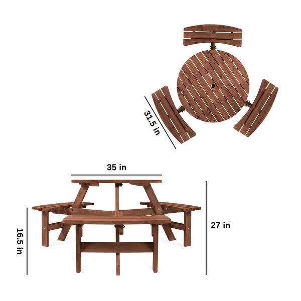 6Person Circular Wooden Picnic Table w/ Umbrella Hole，3 Benches