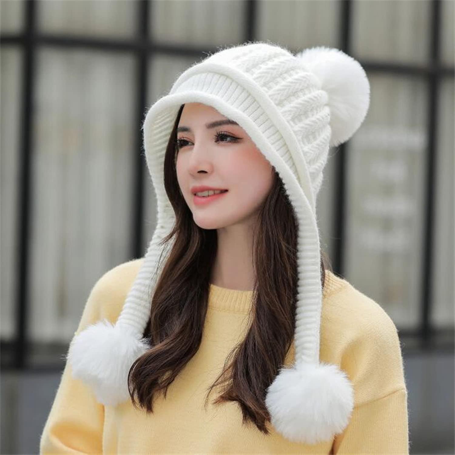 Women Winter Beanie Hat Peruvian Circle Scarf Set Ski Ear Flaps Caps Dual Layered Fleece Lined Pompoms E1925-baise -