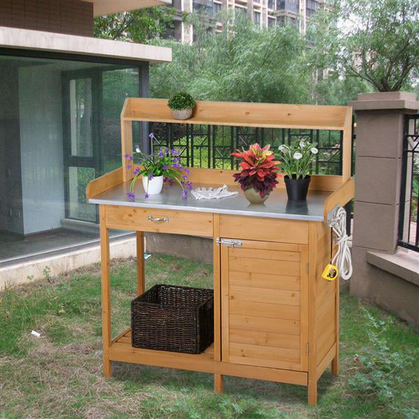 Yaheetech Outdoor Garden Potting Bench Potting Tabletop with Cabinet Drawer Open Shelf Work Station