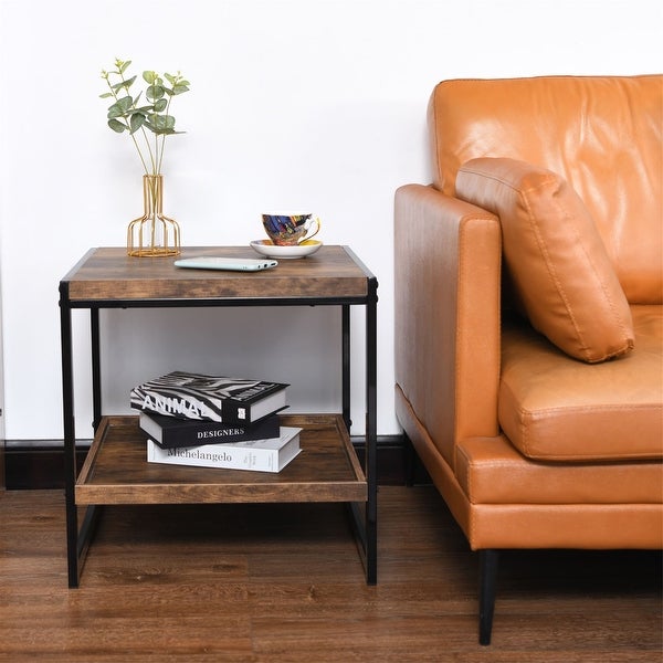 2-tiers Storage Shelf Sofa Table Antique Brown Square Coffee Table with Metal Frame Side Table for Living Room，Bedroom