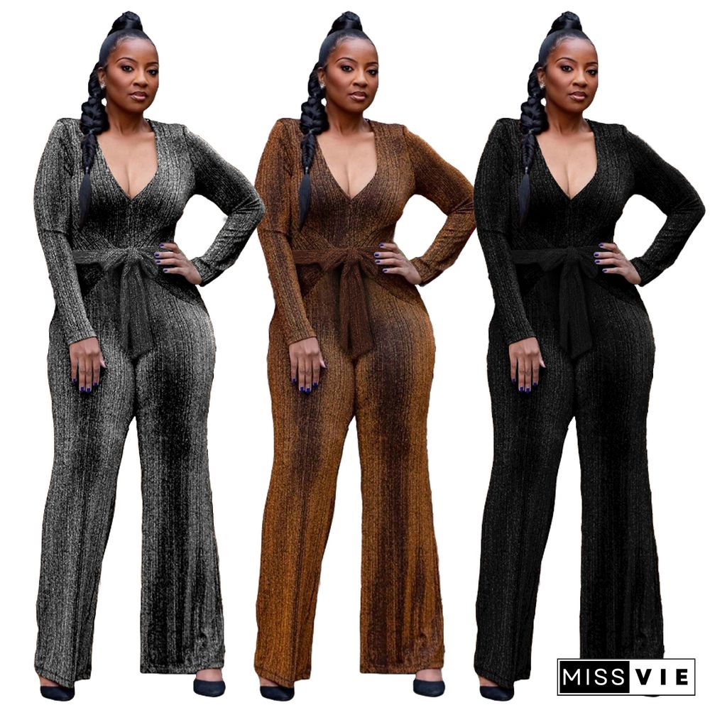 High Stretch Lurex V-neck Low-cut Wide-leg Jumpsuits