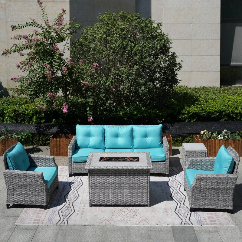 5 Piece Patio Wicker Sofa Set with Firepit Table and Rain cover