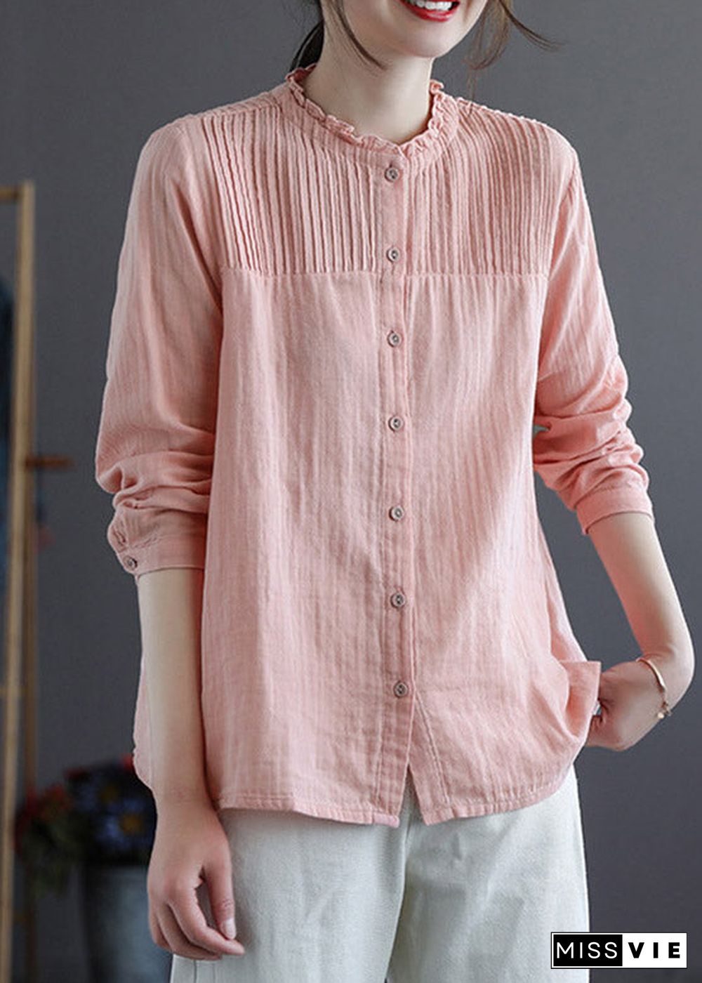 Chinese Style Pink Stand Collar Patchwork Wrinkled Button Cotton Shirts Long Sleeve