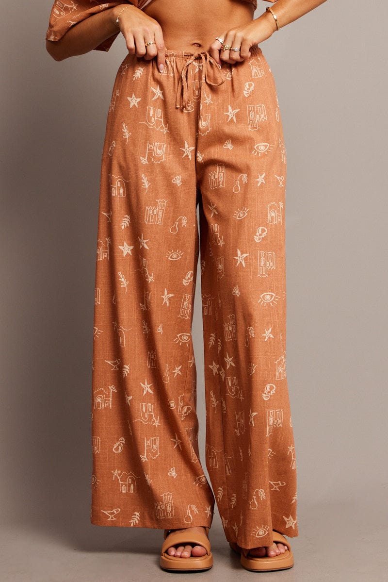 Brown Abstract Wide Leg Pants High Rise