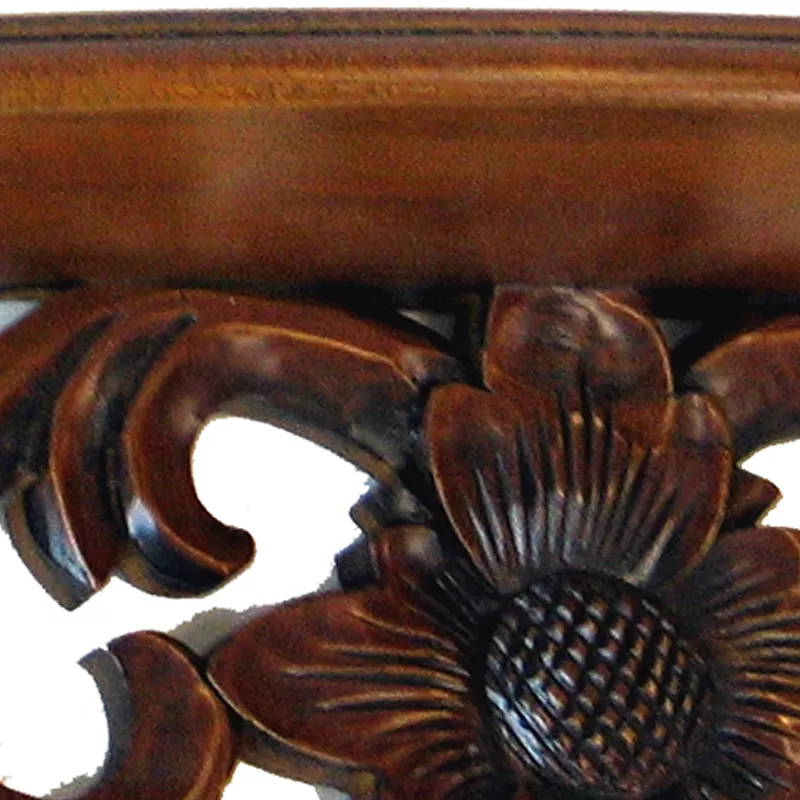 Hand Carved Wooden Moonbay Wall Shelf in Floral Design， Brown