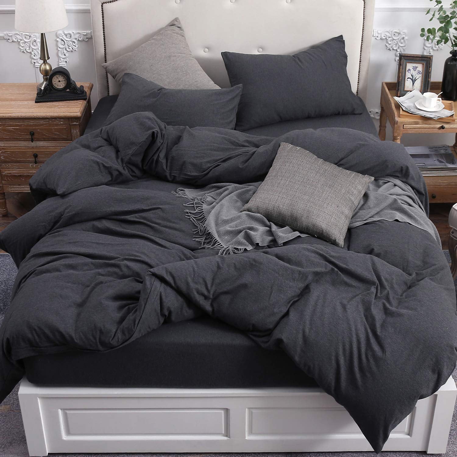 PURE ERA Duvet Cover Set - Ultra Soft Heather Jersey Knit Cotton Home Bedding Solid Black Queen Size， 1 Comforter Cover and 2 Pillow Shams