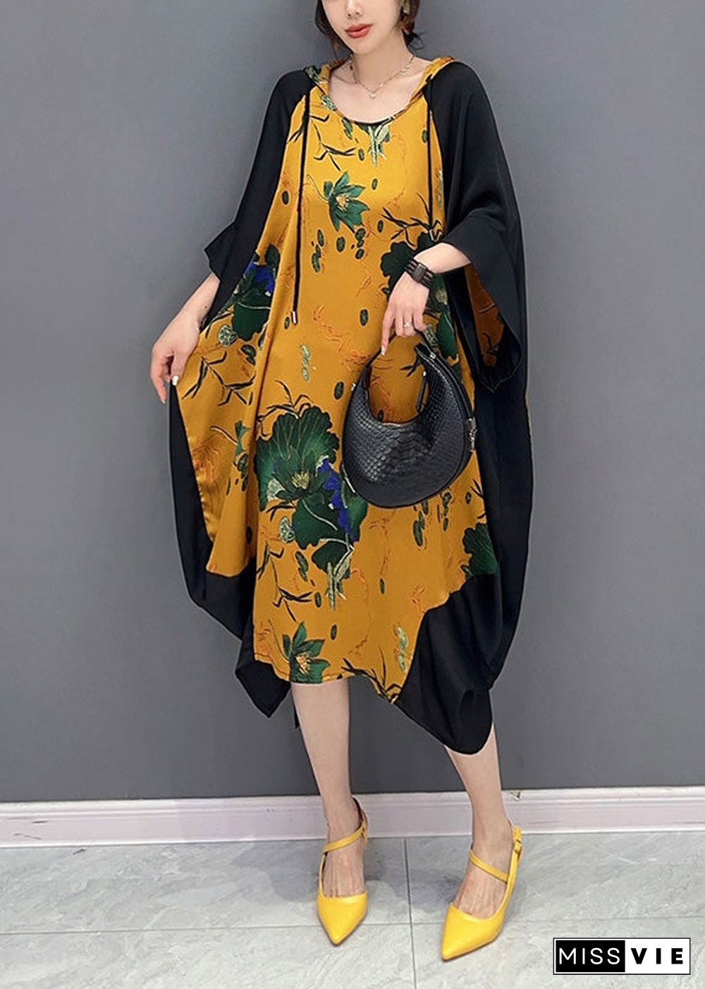 Boutique Yellow Neck Tie Print Party Hooded Long Dress Summer