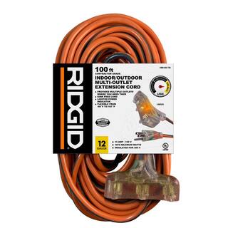 RIDGID 100 ft. 123 Heavy Duty IndoorOutdoor Extension Cord with Tritap Lighted End OrangeGrey 76100RGD