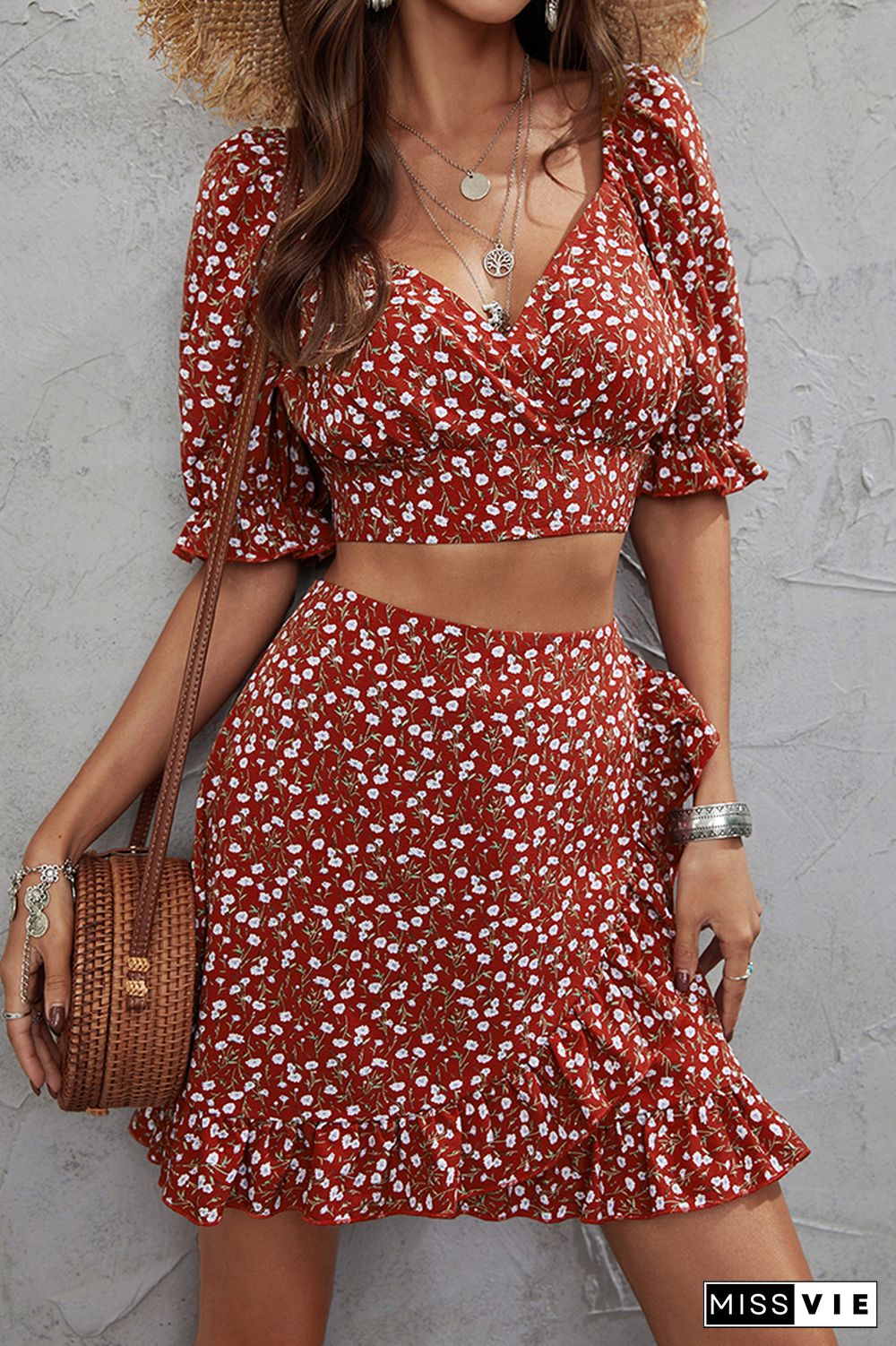 Floral Print Crop Top & Mini Skirts Set Wholesale