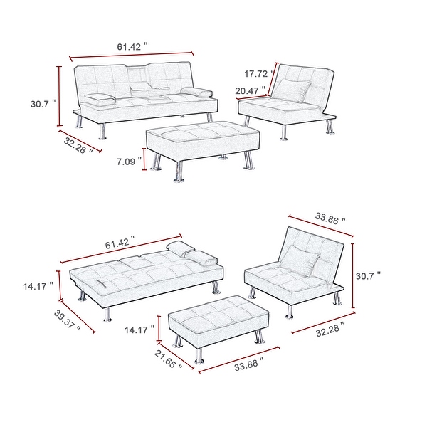 3 Pcs Sets Fabric Folding Sofa Bed with 2 Cup Holders， Removable Armrest and Metal Legs， Single Sofa Bed with Ottoman